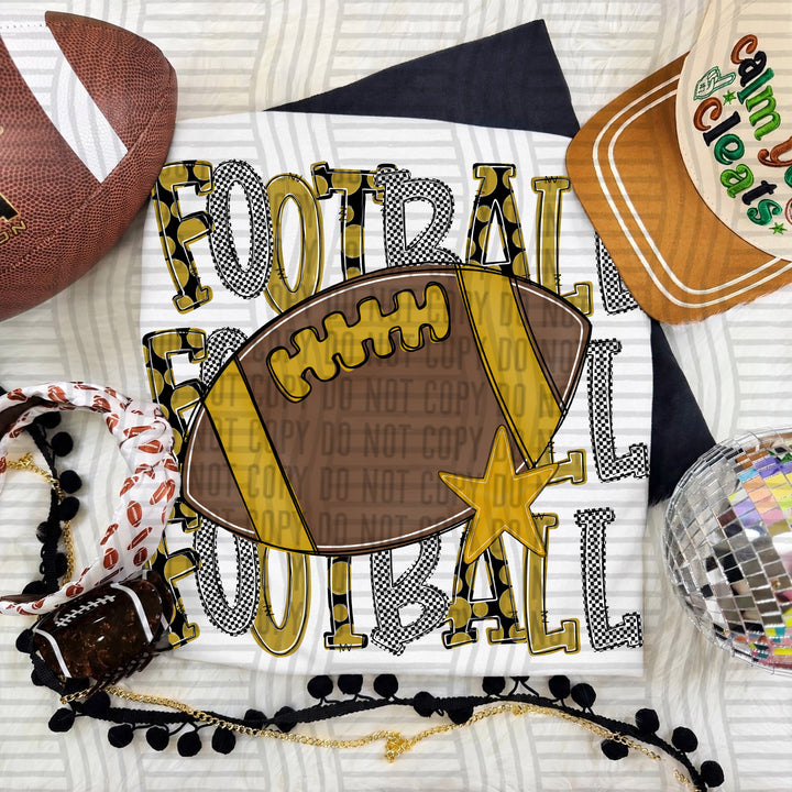 Gold Tri Stacked Football DTF transfer on a white tee