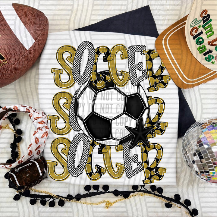 Gold Tri Stacked Soccer DTF transfer on a white tee