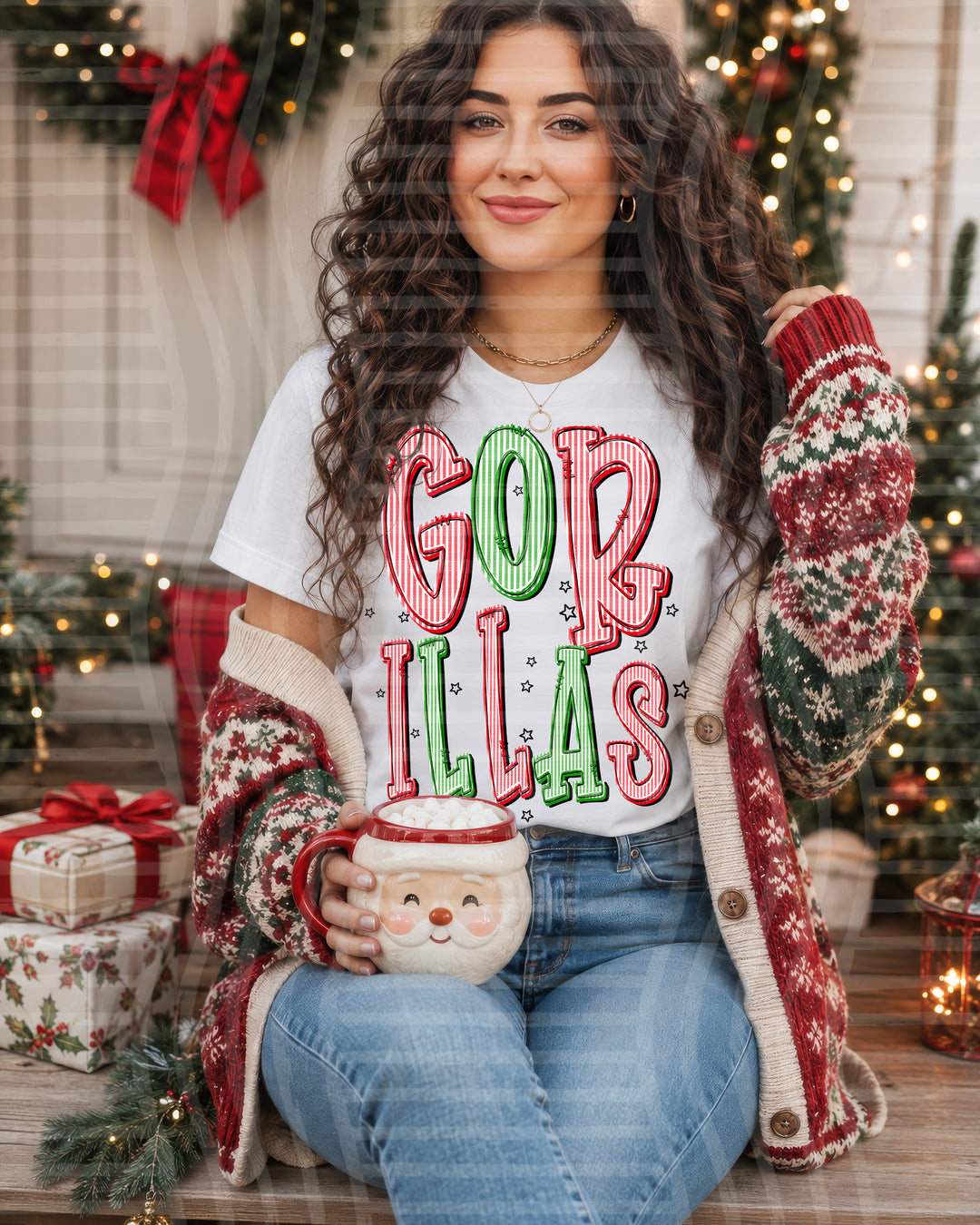 Gorillas Red and Green Christmas Seersucker Mascots DTF transfer