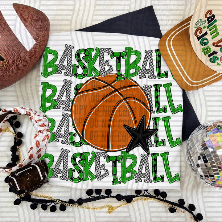 Green Quad Stacked Basketball DTF transfer on a white tee