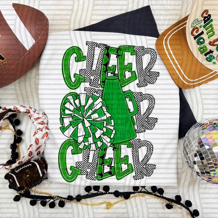 Green Tri Stacked Cheer DTF transfer on a white tee