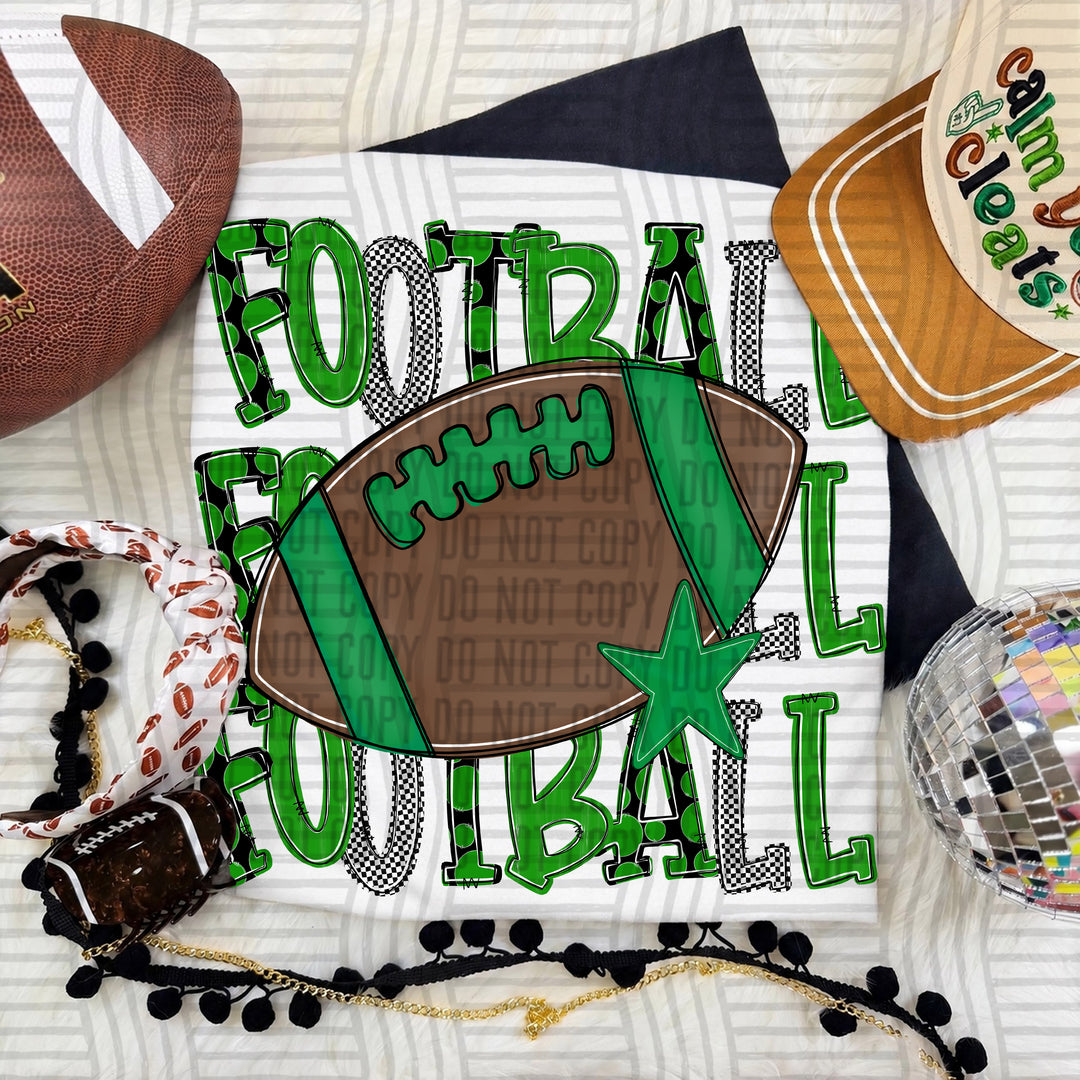 Green Tri Stacked Football DTF transfer on a white tee