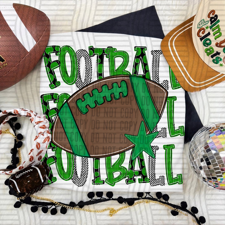 Green Tri Stacked Football DTF transfer on a white tee