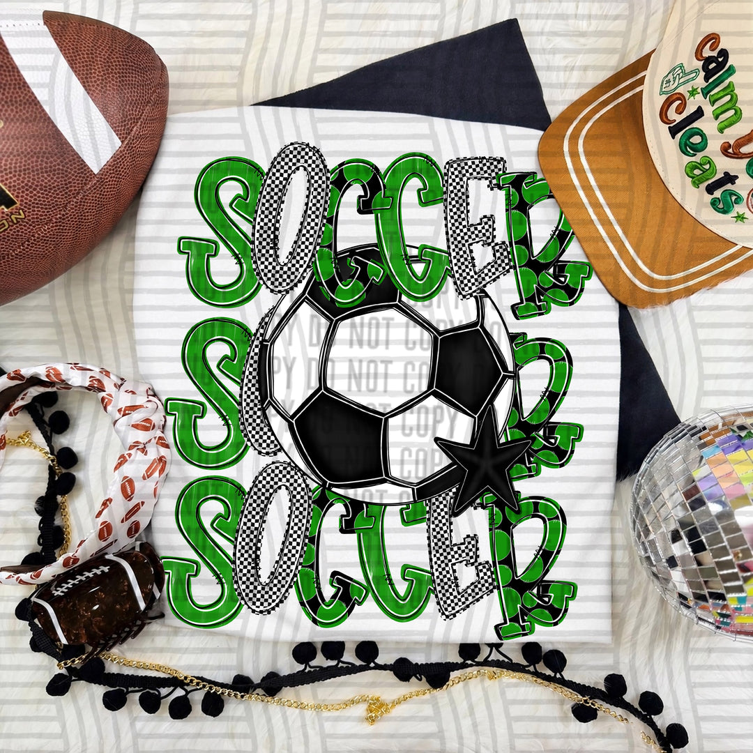 Green Tri Stacked Soccer DTF transfer on a white tee