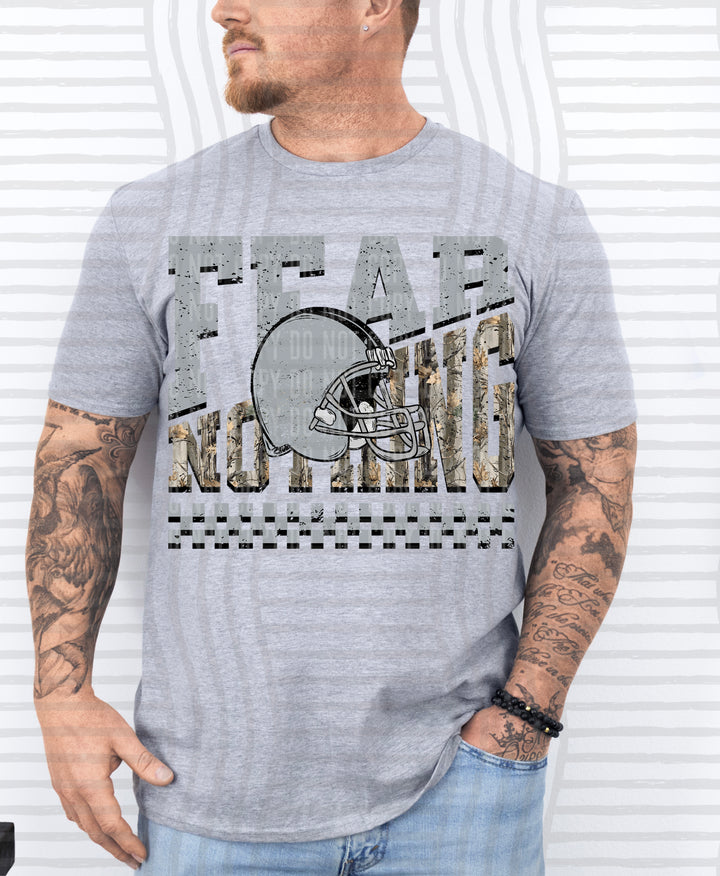 Grey Fear Nothing Helmet DTF transfer pressed on a tee