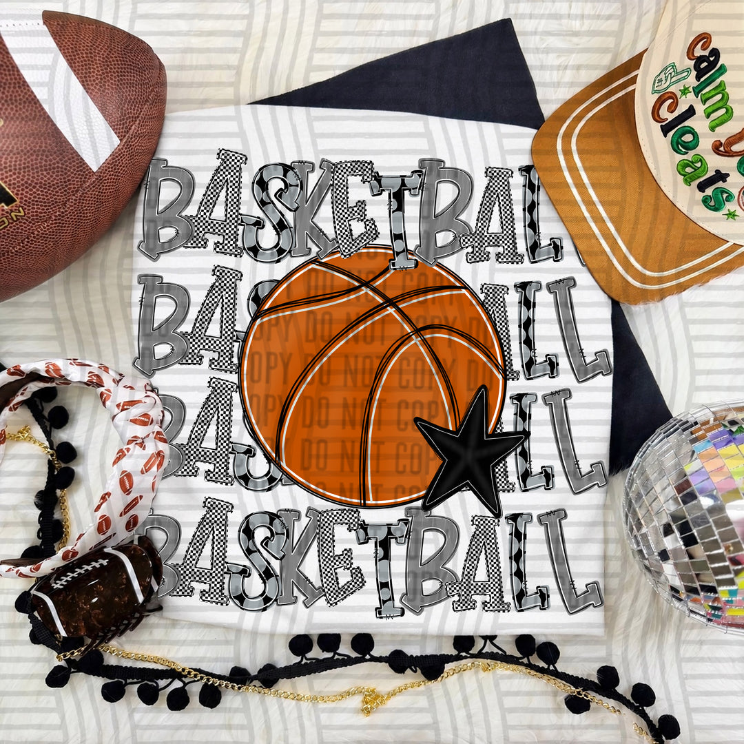 Grey Quad Stacked Basketball DTF transfer on a white tee