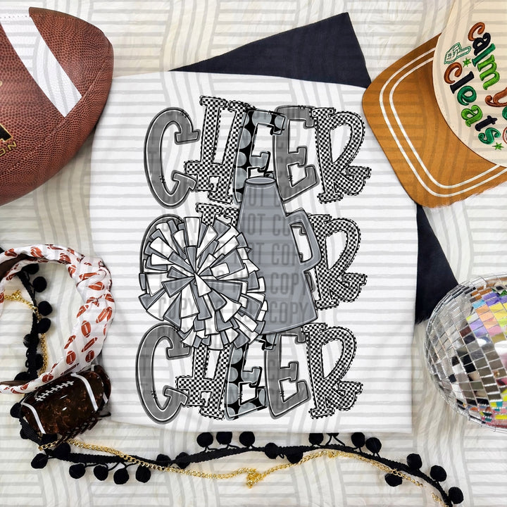 Grey Tri Stacked Cheer DTF transfer on a white tee