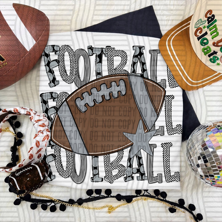 Grey Tri Stacked Football DTF transfer on a white tee
