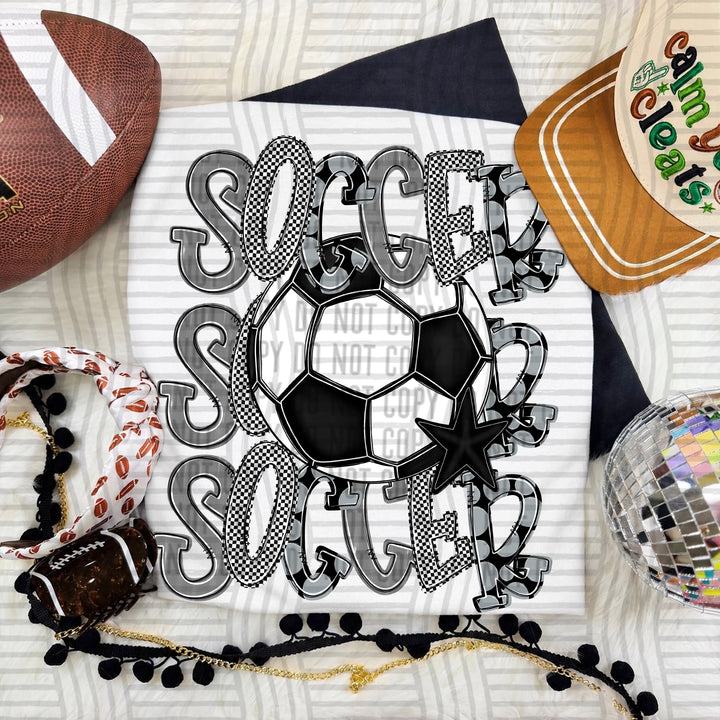 Grey Tri Stacked Soccer DTF transfer on a white tee