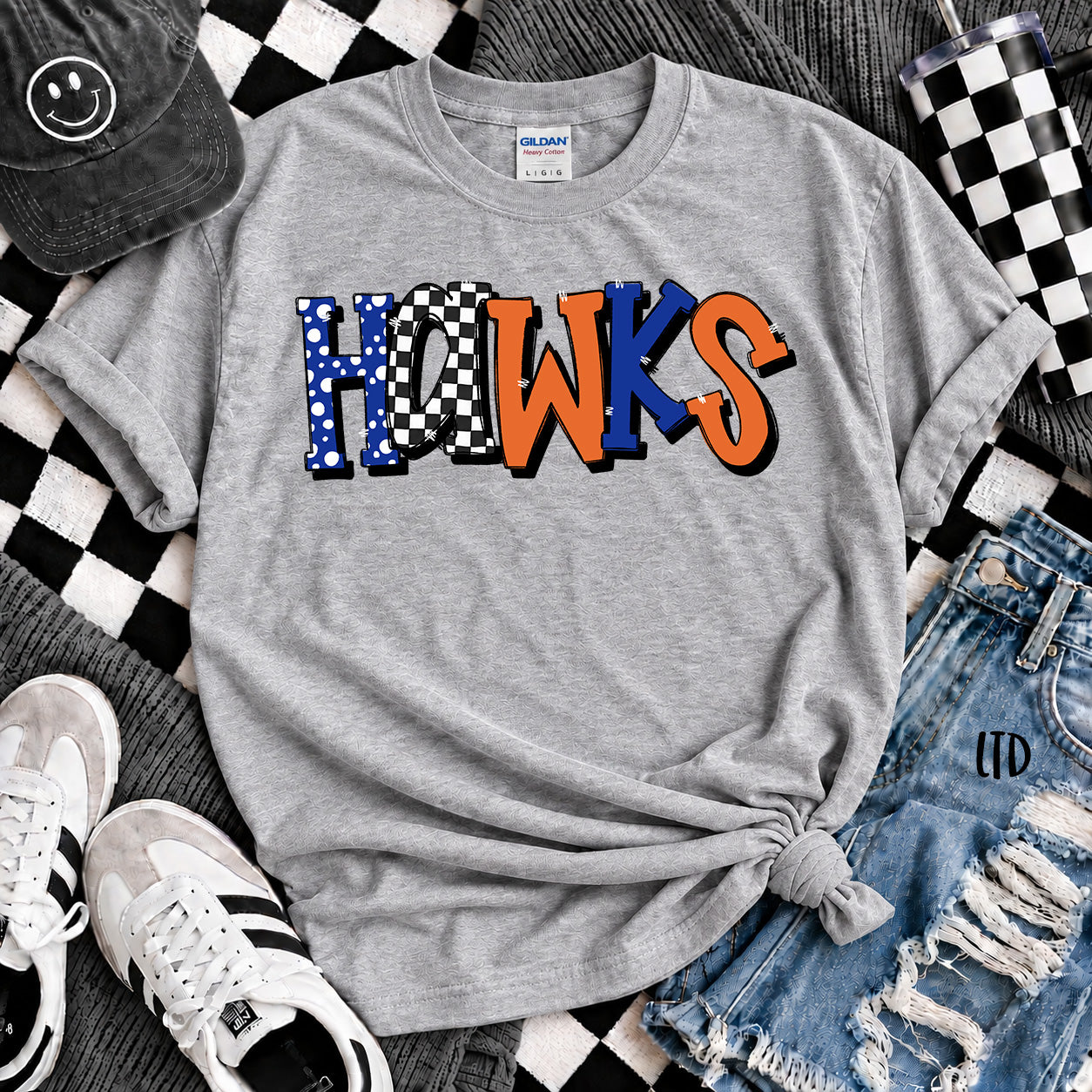 Dot Dot Check Mix Mascots Hawks Royal Blue Orange design