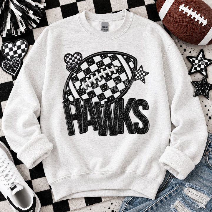 Hawks Checkered Football Faux Embroidery mascot DTF transfer
