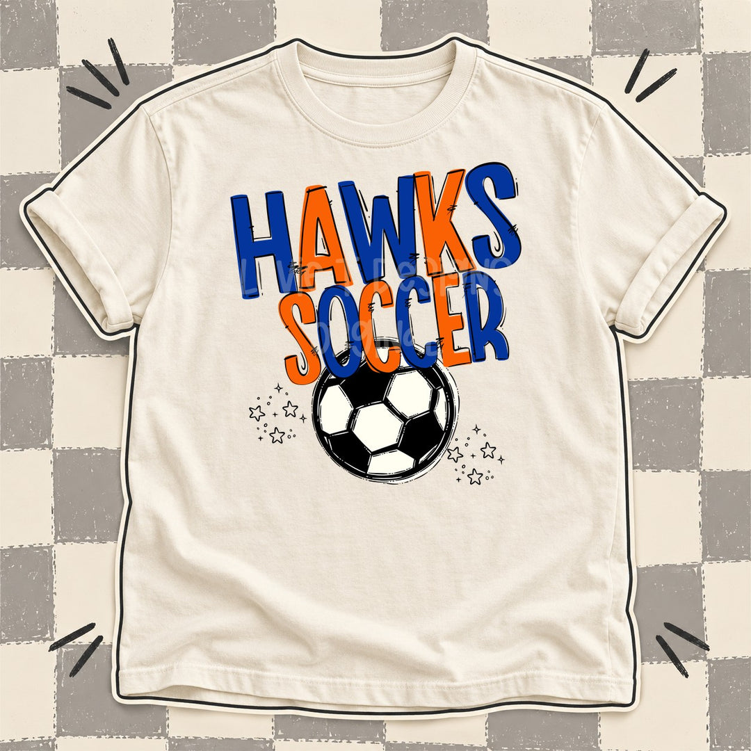 Hawks Royal Blue Orange Team Go Soccer Mascots DTF transfer mockup