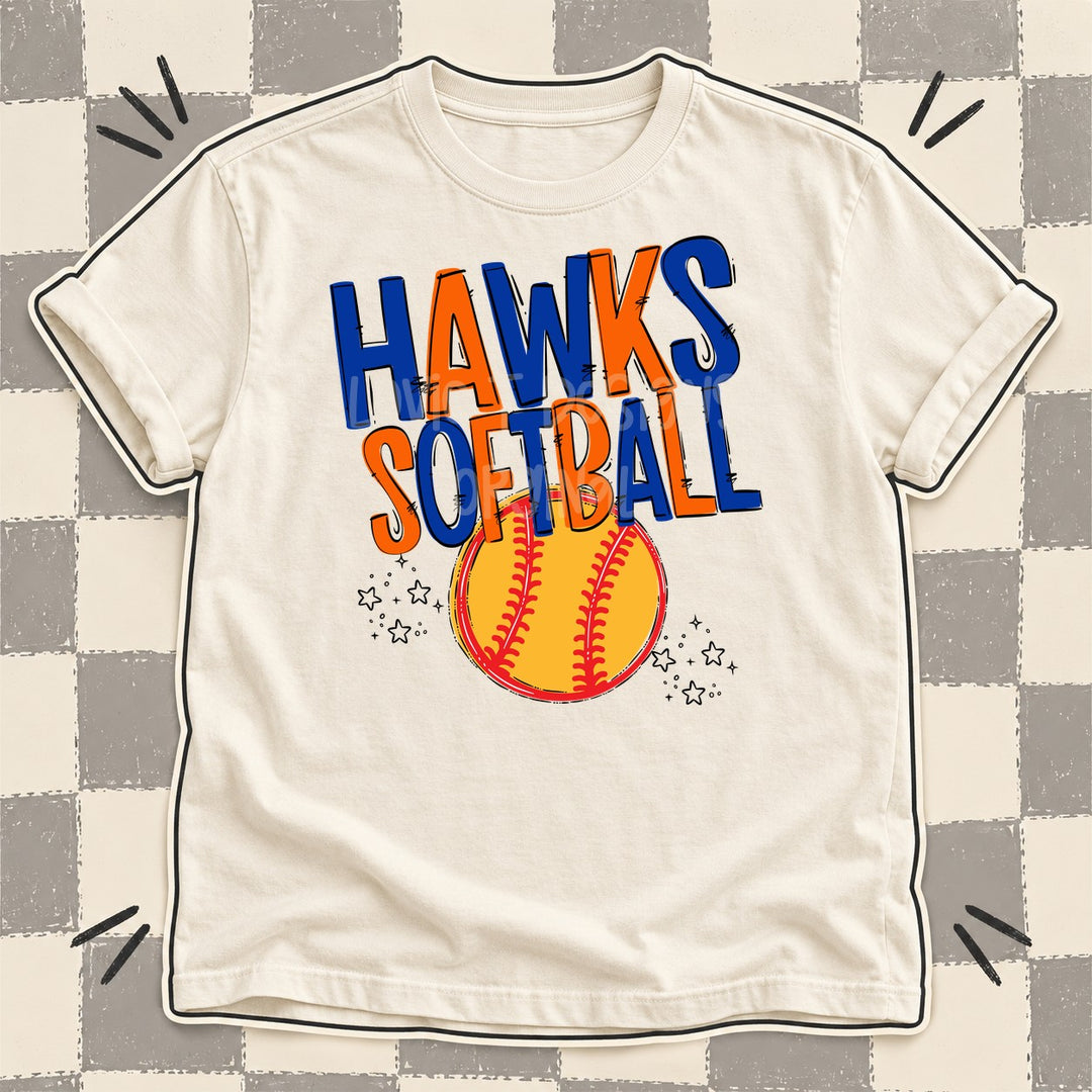 Hawks Royal Blue Orange Team Go Softball Mascots DTF transfer mockup