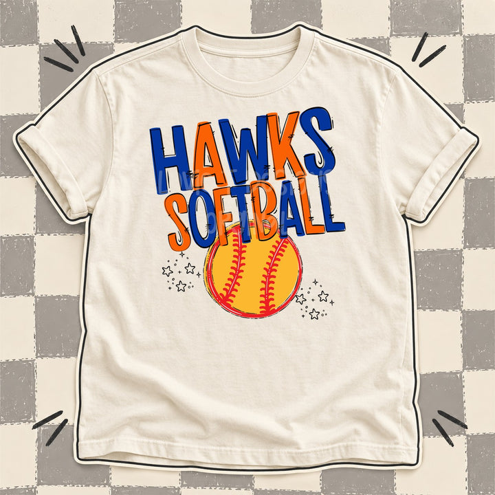 Hawks Royal Blue Orange Team Go Softball Mascots DTF transfer mockup