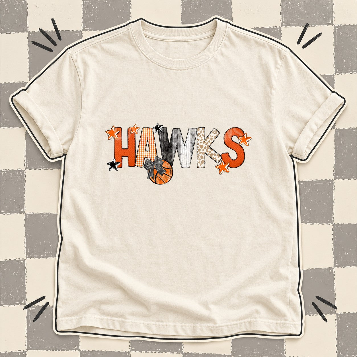 Mixed Doodle Basketball Mascots – Hoops Houndstooth Hawks design