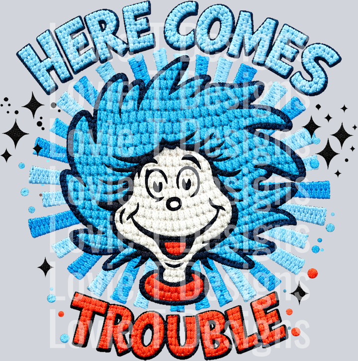 HERE COMES TROUBLE FAUX EMBROIDERY