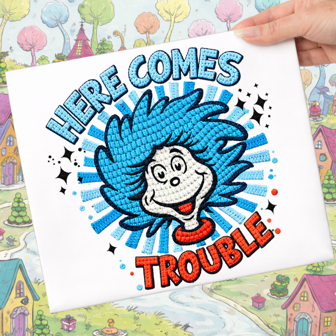 HERE COMES TROUBLE FAUX EMBROIDERY