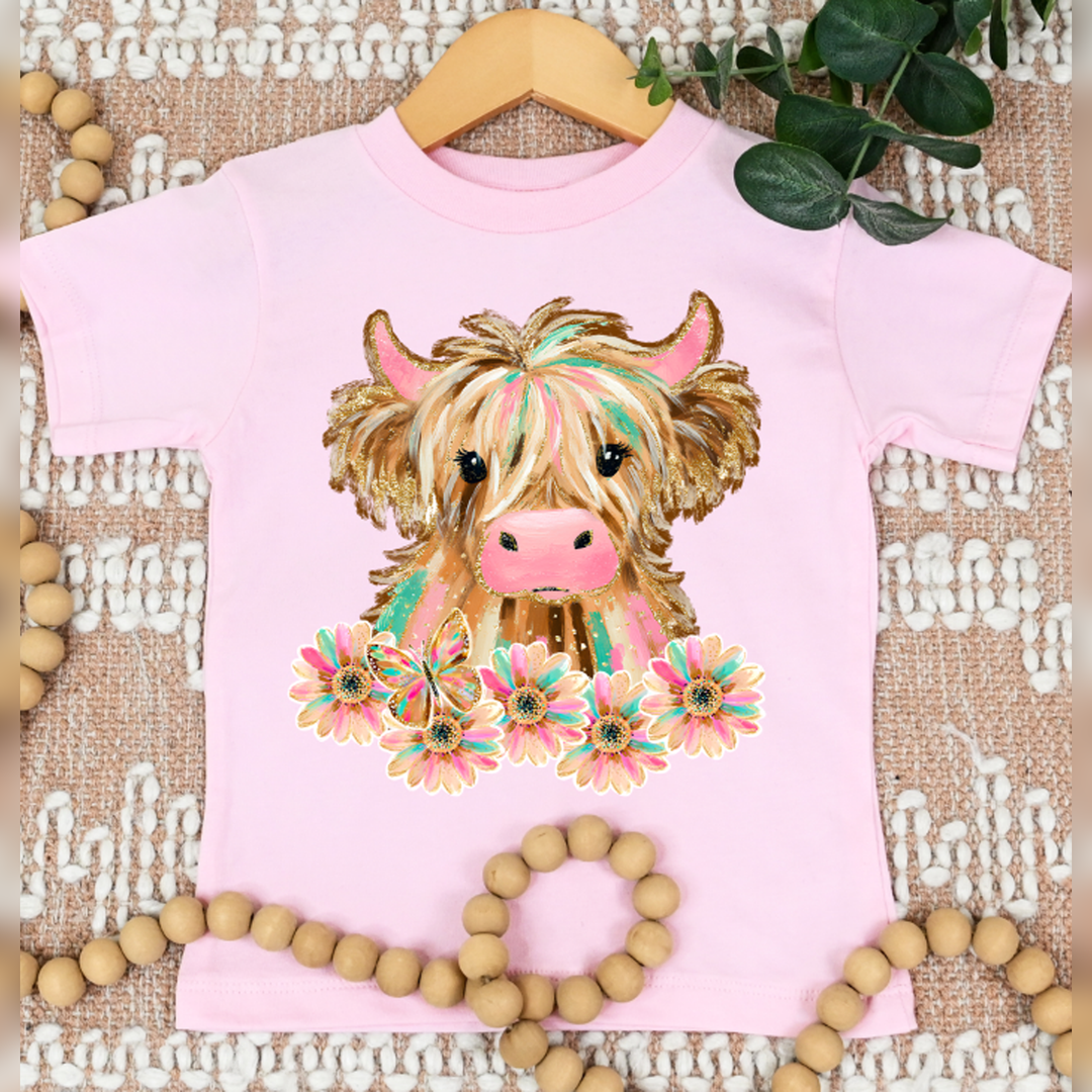 Highland Cow with Flowers – DTF Transfer – product image