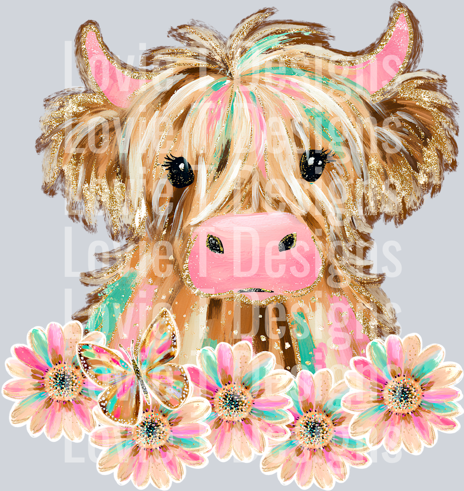 HIGHLAND COW WITH FLOWERS