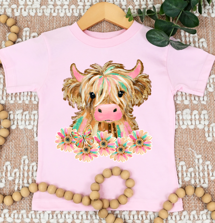 Highland Cow with Flowers DTF transfer design – image 1