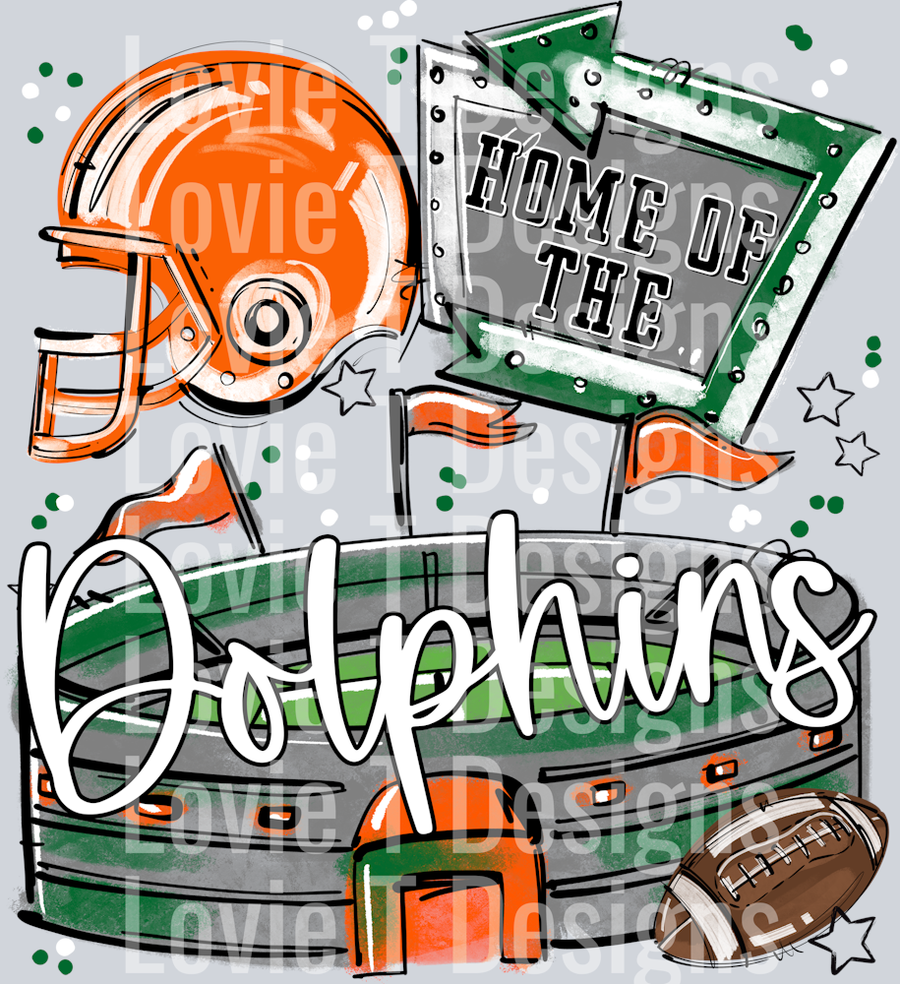 HOME OF THE DOLPHINS KELLY GREEN AND ORANGE