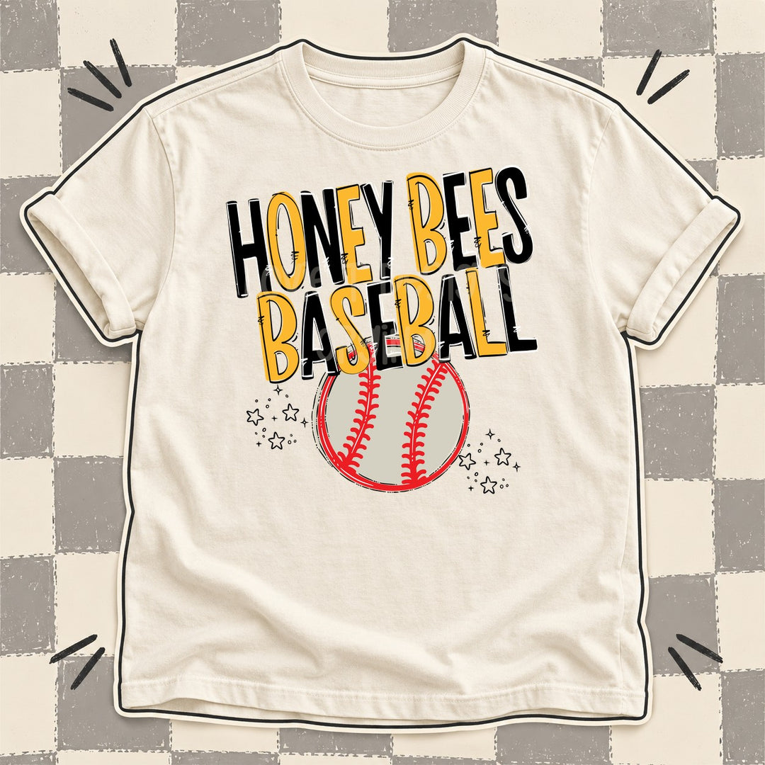 Honey Bees Black Yellow Gold Team Go Baseball Mascots DTF transfer mockup