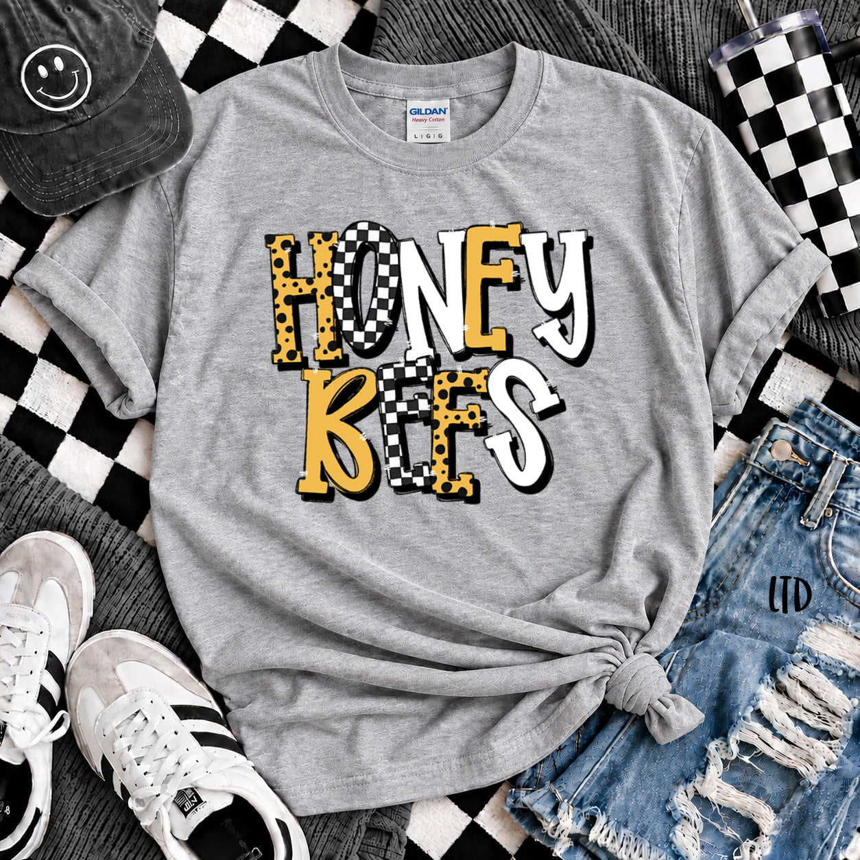 Dot Dot Check Mix Mascots Honey Bees Black Yellow Gold design