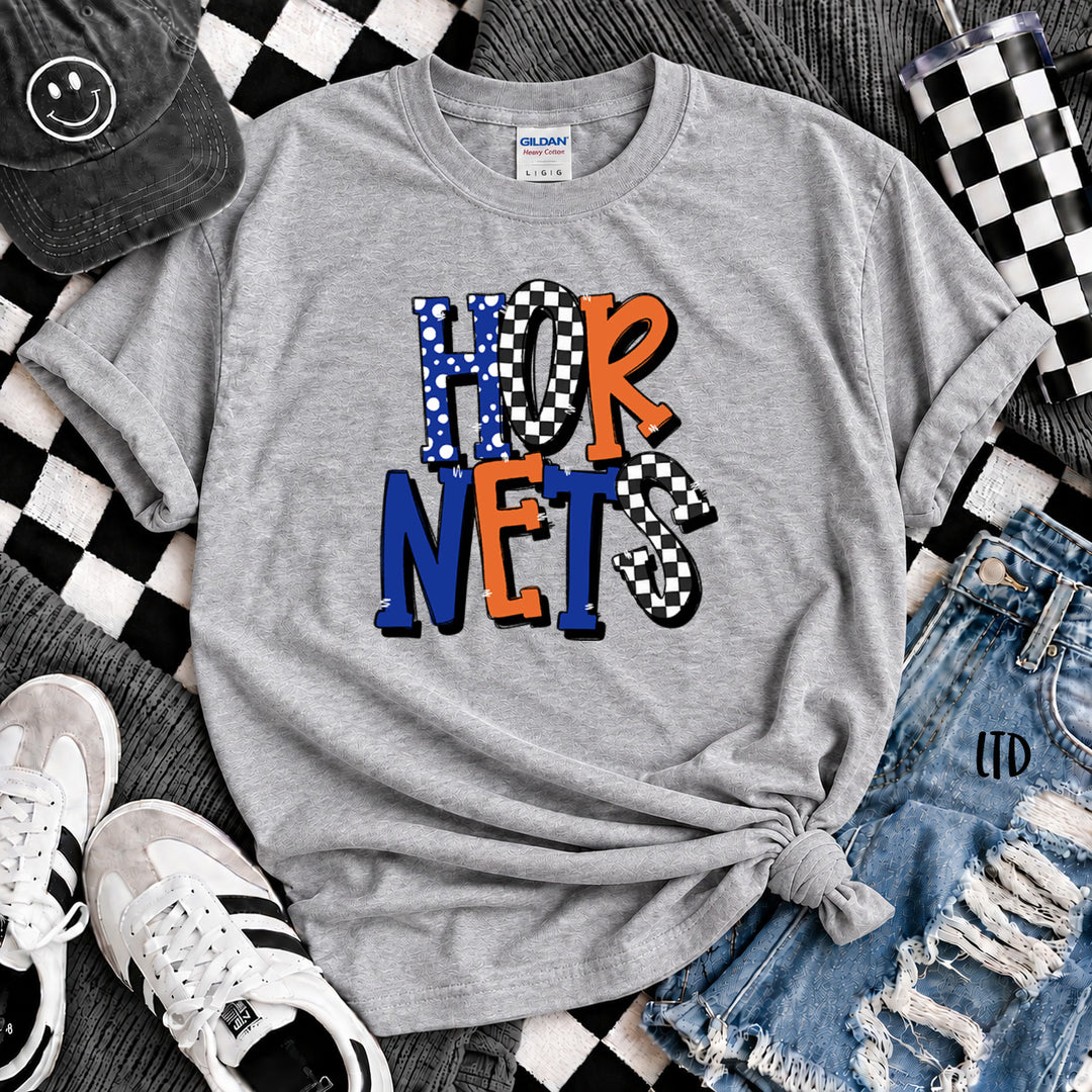 Hornets Royal Blue Orange White Dot Dot Check Mix Mascots DTF transfer mockup