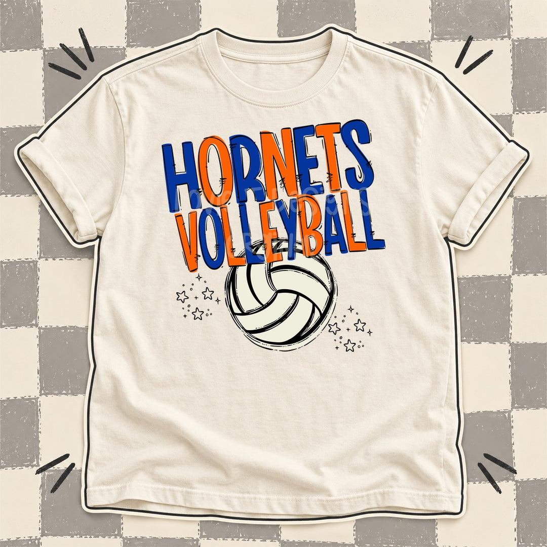Hornets Royal Blue Orange Team Go Volleyball Mascots DTF transfer mockup
