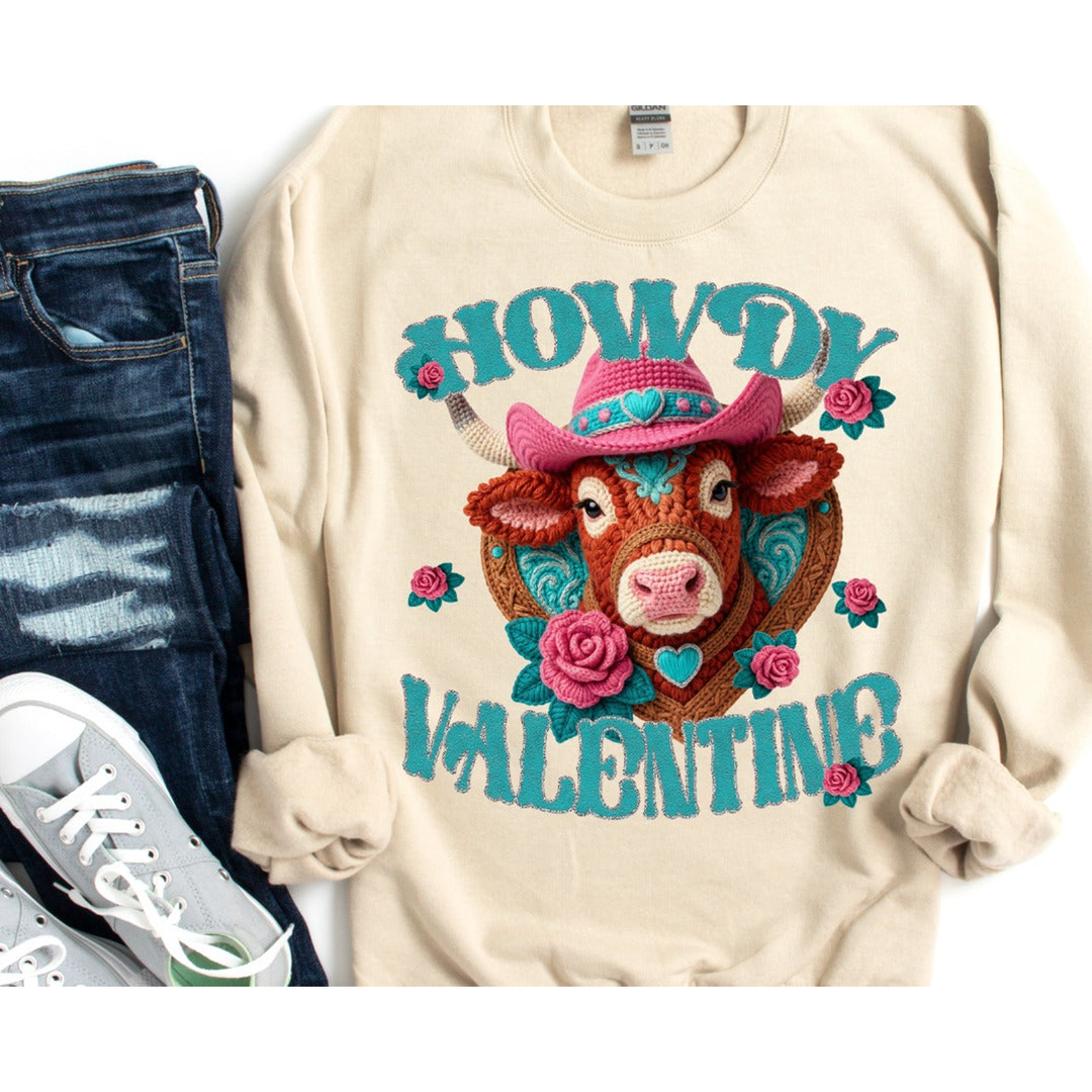 Howdy Valentine Crochet Cow – DTF Transfer – product image