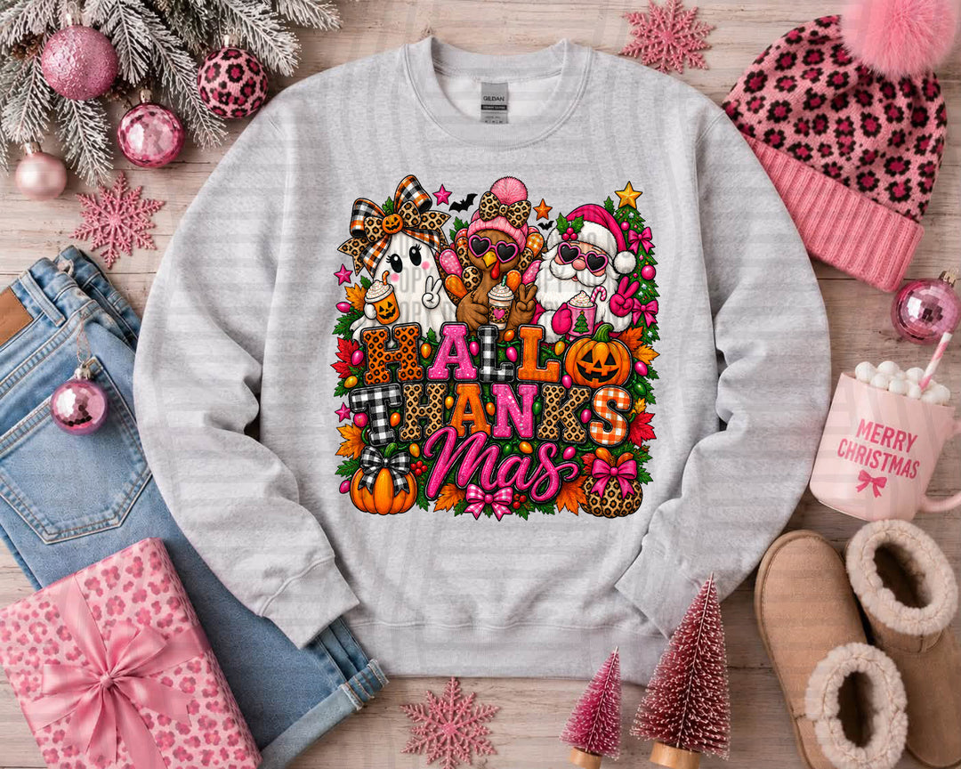 Hallowthanksmas DTF transfer pressed on a tee