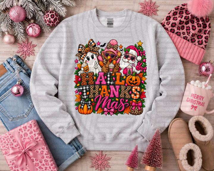 Hallowthanksmas DTF transfer pressed on a tee