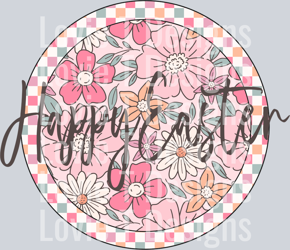 Happy Easter Floral Checkered Script Circle