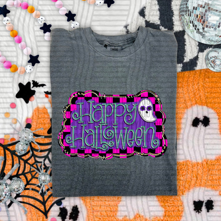 Happy Halloween Colorful DTF transfer pressed on a tee