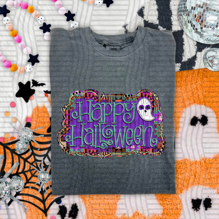 Happy Halloween Patterned DTF transfer pressed on a tee