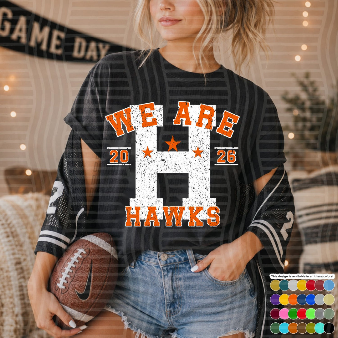 Hawks Orange Varsity Initials White Outline DTF transfer mockup