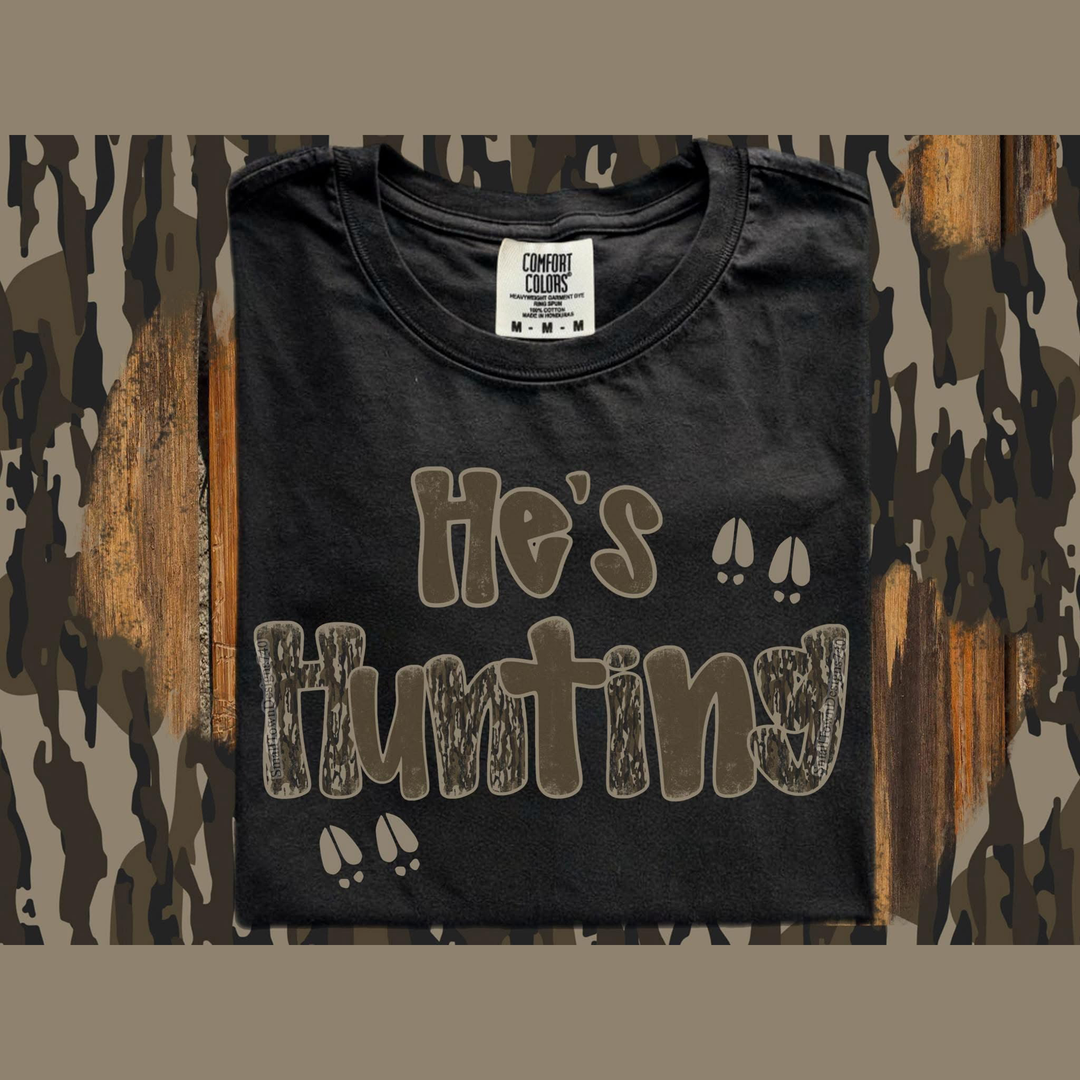 He's Hunting Camo and Deer Tracks – DTF Transfer – product image