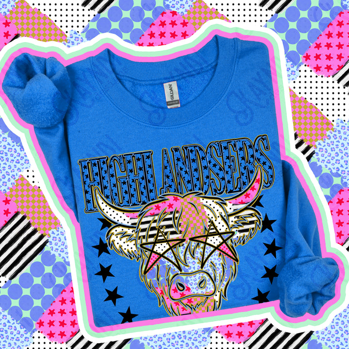 Highlandsers Patchwork Varsity Stars mascot DTF transfer