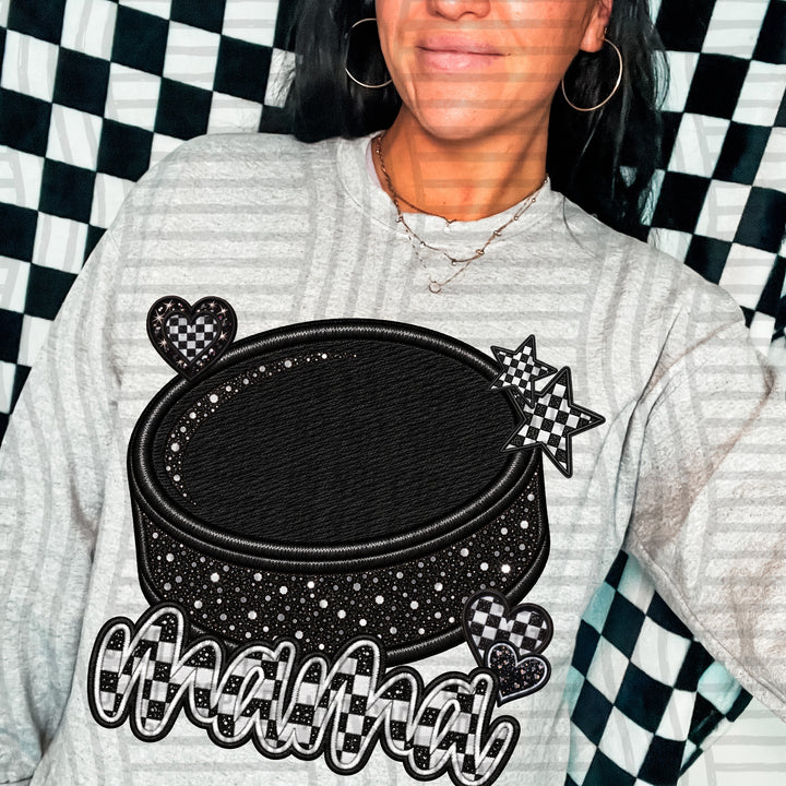 Hockey Checkered Sports Mama DTF transfer pressed on a tee