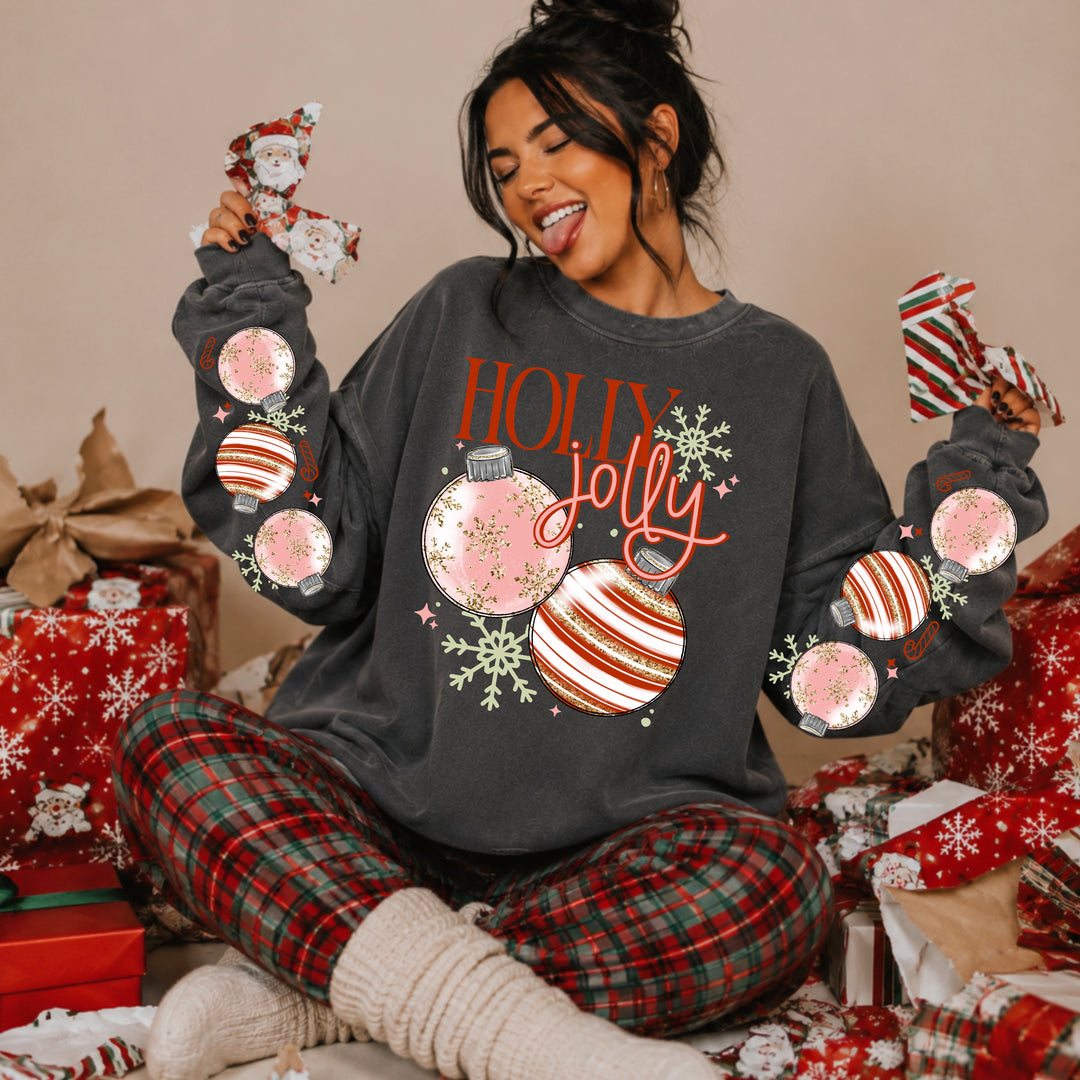 Holly Jolly Ornaments front and sleeve DTF transfers – mockup