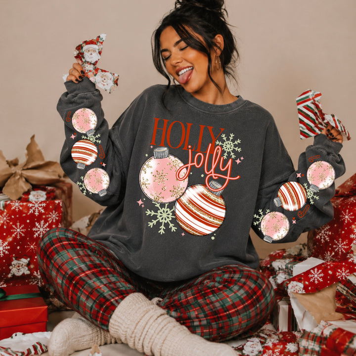 Holly Jolly Ornaments front and sleeve DTF transfers – mockup