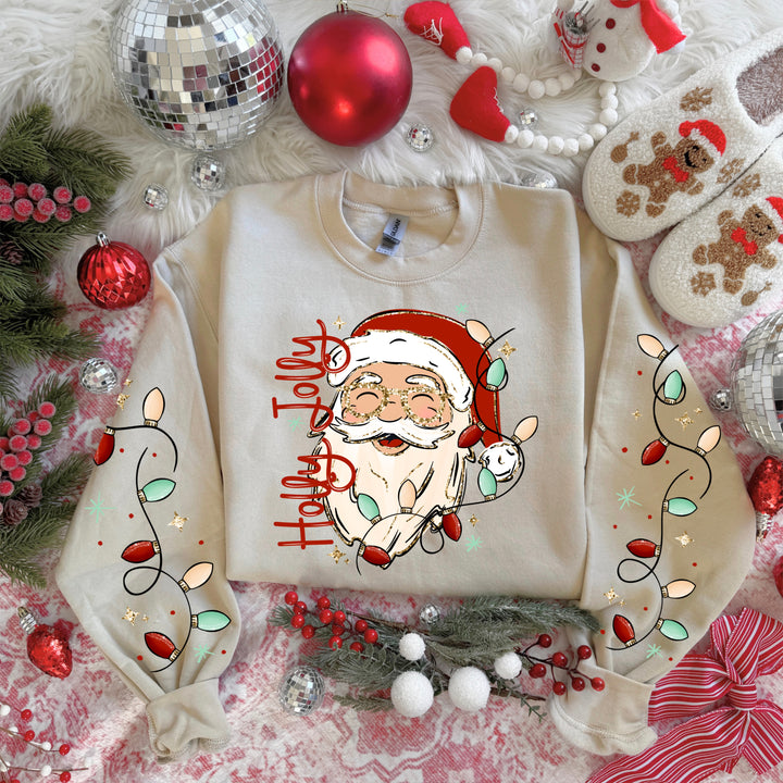 Holly Jolly Santa (Light Skin Tone) front and sleeve DTF transfers – mockup