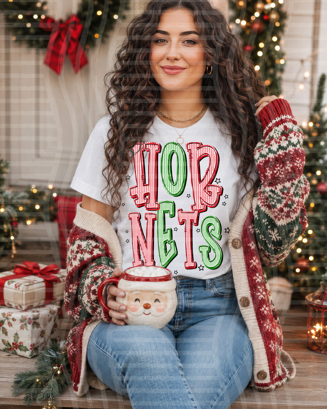 Hornets Red and Green Christmas Seersucker Mascots DTF transfer