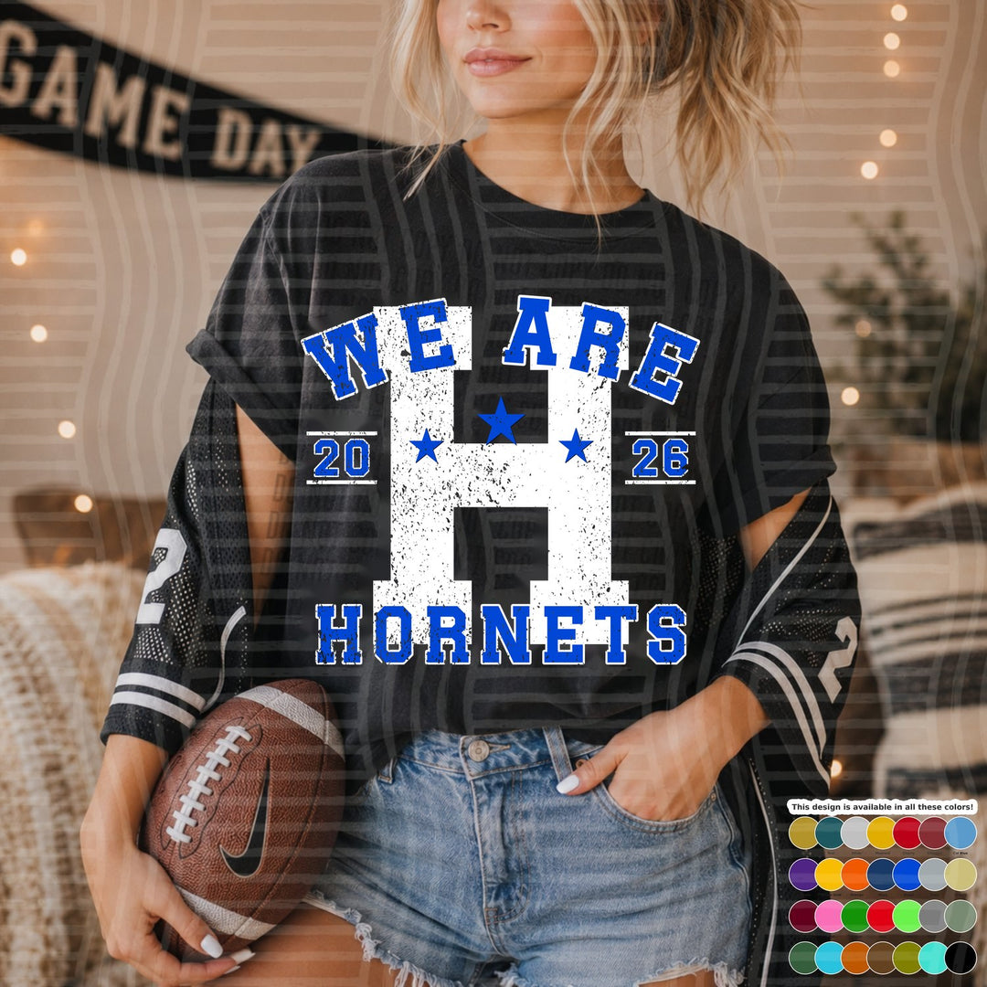 Hornets Royal Blue Varsity Initials White Outline DTF transfer mockup