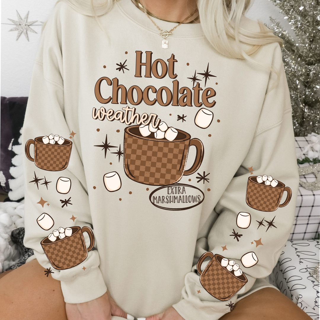 Hot Chocolate Weather front and sleeve DTF transfers – mockup