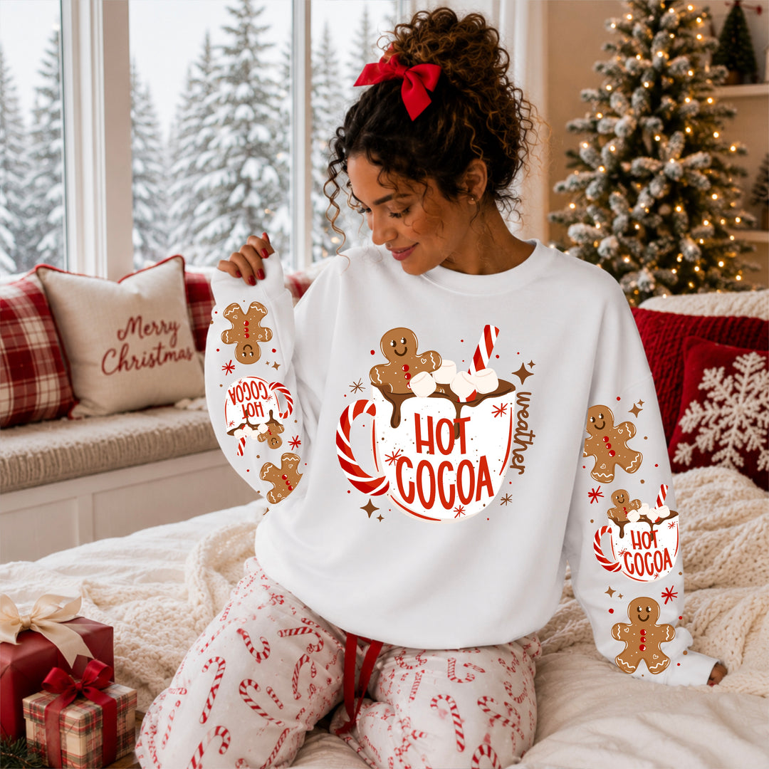 Hot Cocoa Weather Mug front and sleeve DTF transfers – mockup