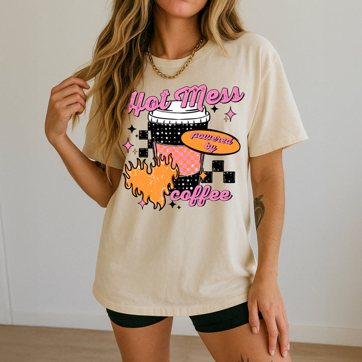 Hot Mess Powered by Coffee (Black) DTF transfer – mockup