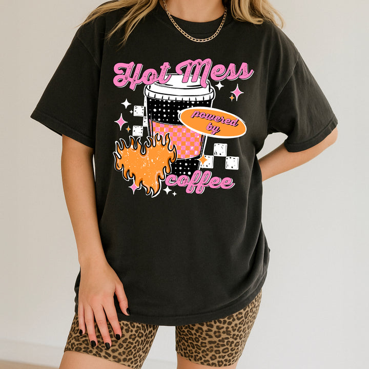 Hot Mess Powered by Coffee (White) DTF transfer – mockup