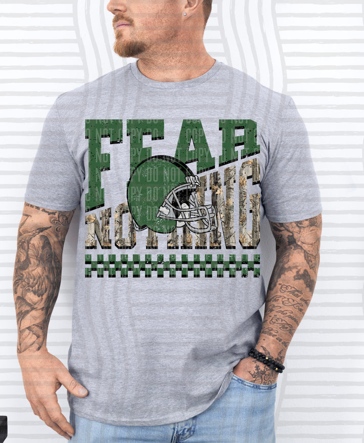 Hunter Green Fear Nothing Helmet DTF transfer pressed on a tee