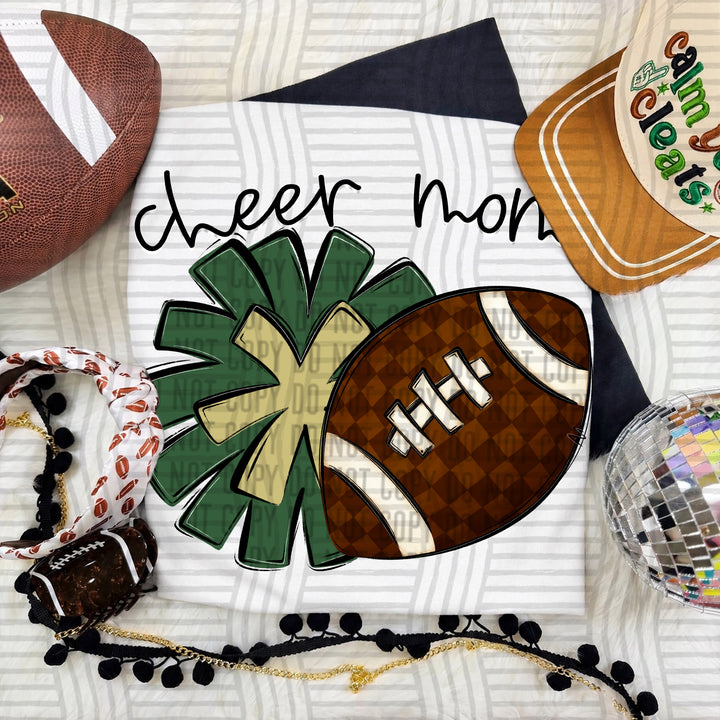 Cheer Mom DTF transfer in Hunter Green & Light Gold